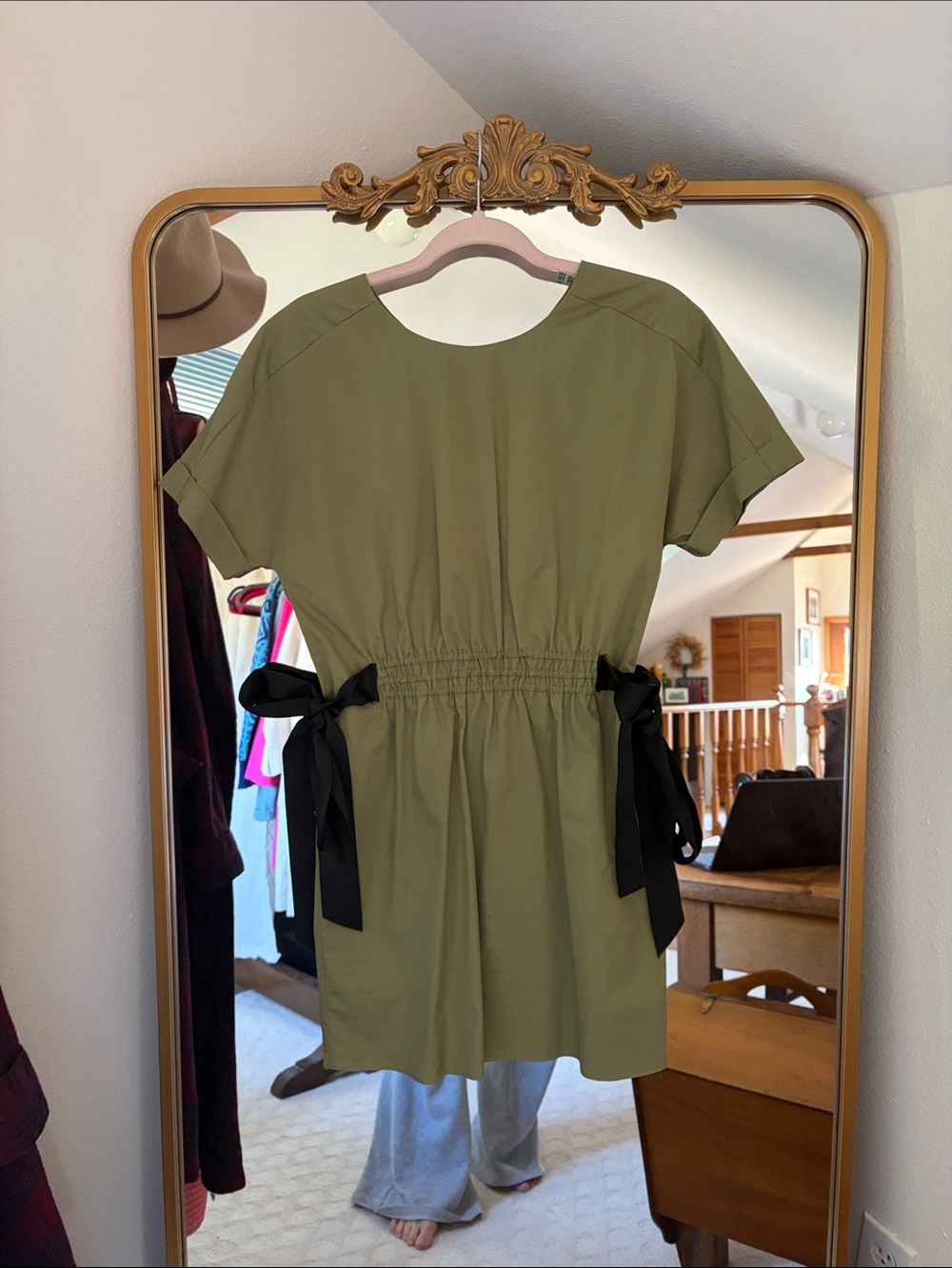 Zara Olive Green Short Sleeve Tie-Waist Tunic with Black Side Ties